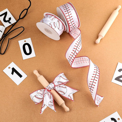 2 Rolls 20 Yards Baseball Ribbons Red White Wired Edge Fabric Ribbons 1.5 Inch Sport Stitching Satin Wired Ribbon for Present Wrapping DIY Crafts ...