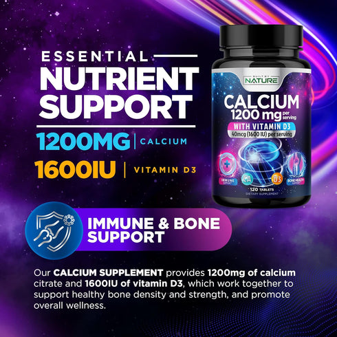 Calcium 1200mg with Vitamin D3 for Best Absorption - Advanced Bone Support Supplement, 1200 mg Calcium Carbonate & 1600 IU Vitamin D3, Slow Releas...