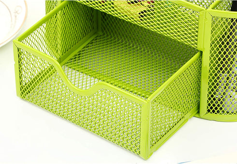 VANRA Metal Mesh Desk Supply Caddy Desktop Office Supplies Organizer Supply Holder 8 Compartments with Drawer (Green)...