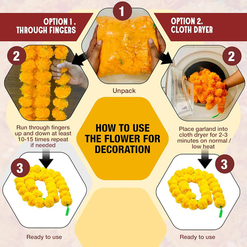 Marigold Garland for Decoration 5 feet Long Strands Artificial Marigold Flowers, Indian Décor for Pooja, Wedding Christmas, Events (Orange, 5)...