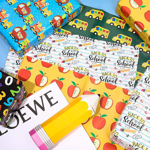 JarThenaAMCS 12 Sheets Back to School Wrapping Paper - Not Roll - Bus Apple Pencil Gift Wrap Paper Folded Flat 6 Designs DIY Craft Art Paper for F...