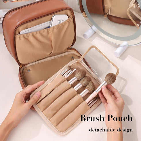 Pocmimut Makeup Bag,PU Leather Large Clear Makeup Bag Double Layer Travel Makeup Bag with Make Up Brush Bag Travel Essentials Organizers(Brown)...