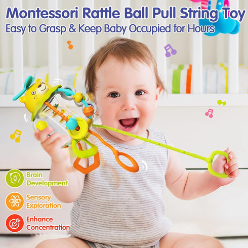 HOLA Montessori Toys for 1 year old Boy-Rattle Teething Toys Baby Toys 0-6 Months Baby Toys 6-12 Months, Silicone Pull String Toys Sensory Toys fo...