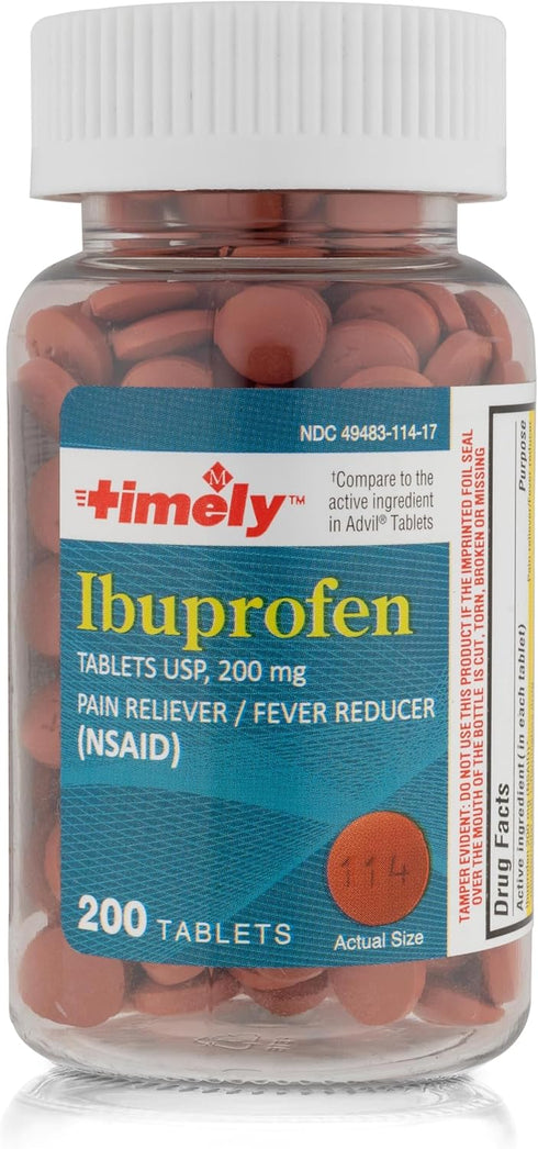 Timely Ibuprofen 200mg 200 Tablets - Compared to Advil Tablets - Pain Relief Tablets and Fever Reducer - for Headache Relief, Menstrual Pain, Toot...