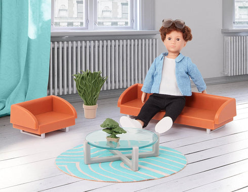 Lori – Mini Boy Doll & Toy Living Room Furniture – 6-inch Boy Doll & Dollhouse Accessories – Sofa, Armchair, Coffee Table, Rug, Plants – Play Set ...