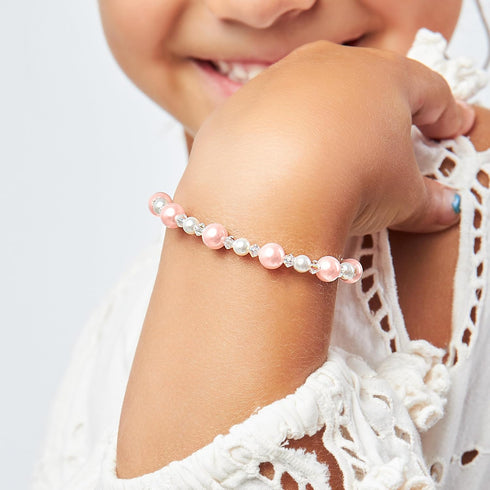 Pretty Sterling Silver Bracelets for Girls with Pink and White Simulated Pearls, European Crystals, Girls Jewelry, Pearl Bracelet for Girl, Birthd...