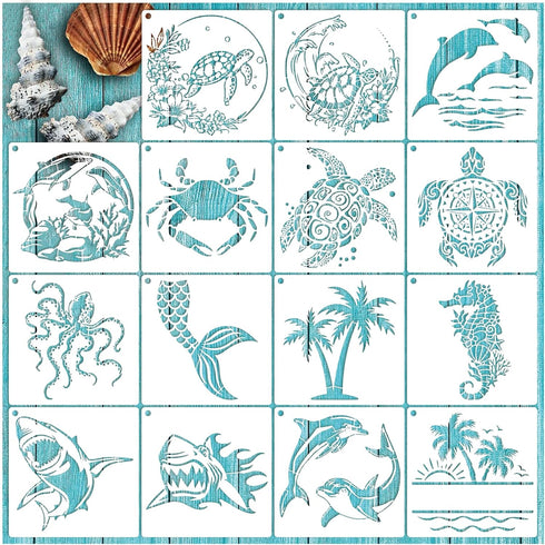 15 Pieces Ocean Stencils Reusable Sea Turtle Seahorse Templates Dolphin Octopus Stencils Summer Tropical Beach Stencils for Painting on Wood DIY C...