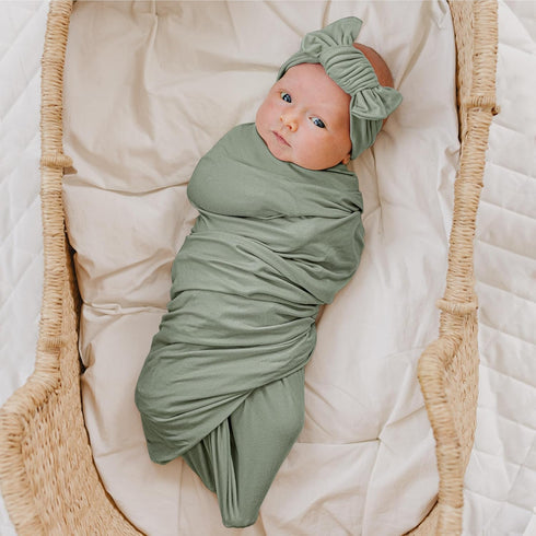 Konssy Baby Girl Newborn Receiving Blanket with Matching Headband and Beanie Set Baby Swaddle Nursery Swaddle Wrap(Light Green)...
