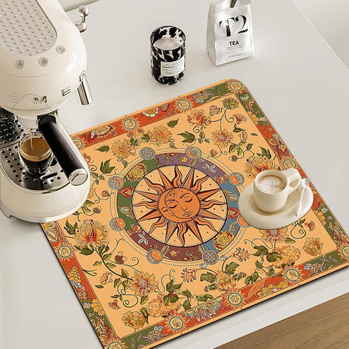 Boho Floral Sun Dish Drying Mat - Retro Boho Floral Sun and Moon Absorbent Dish Drying Mat for Kitchen Counter, Coffee Maker Mat for Countertops, ...