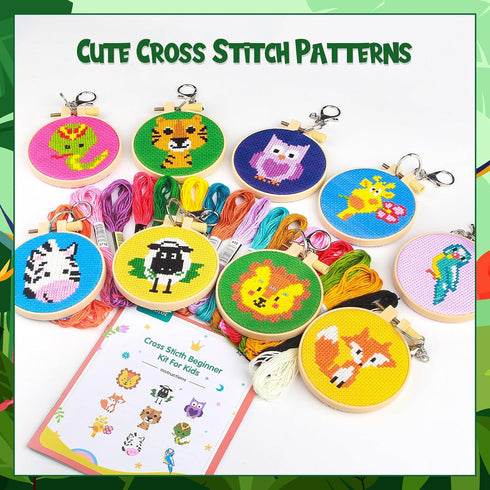 Ecoofor 9 Sets Jungle Animals Cross Stitch Kits for Kids 7-13 embroidery kit for kids Backpack Charms Cross Stitch Kits for Beginners Christmas gi...