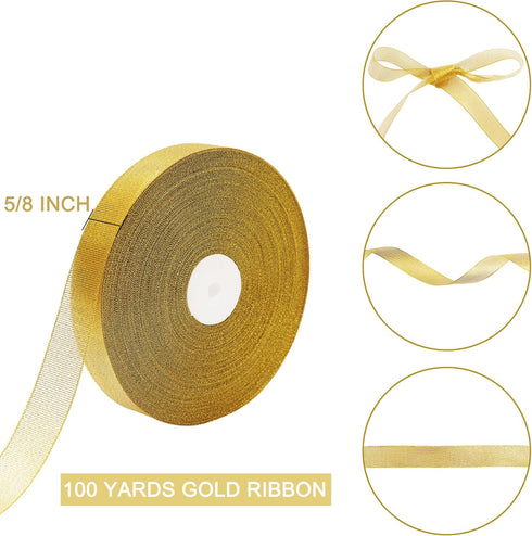 100 Yards Glitter Gold Ribbon 5/8 Inch, Sparkly Thin Solid Fabric Ribbon for Gift Wrapping, Crafts, Holiday Wedding Birthday Party Decoration Flor...