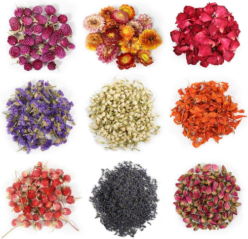 9 Bags Dried Flowers,100% Natural Dried Flowers Herbs Kit for Soap Making, DIY Candle Making,Bath - Include Rose Petals,Lavender,Don't Forget Me,L...