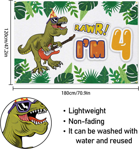 Rawr I'm 4 Backdrop Banner - 4th Dinosaur Birthday Decorations Party Supplies for Boys - 3.9 x 5.9ft...