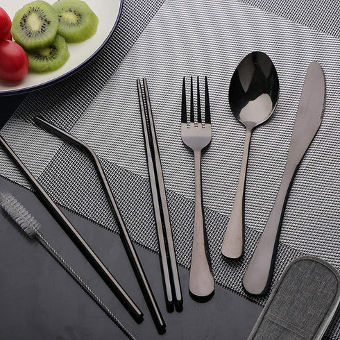 Travel Utensils Set with Case Reusable Portable Cutlery Set Stainless Steel 8pcs Including Dinner Knife Fork Spoon Chopsticks straws(Black)...