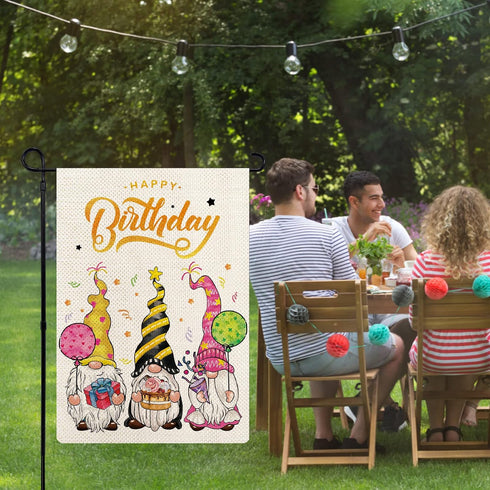 Happy Birthday Garden Flag, Cute Gnome Birthday Celebration Yard Flag, 12.5 x 18 Inch Double Sided Cake Balloon Gift Box Gnomes Flag for Yard Pati...