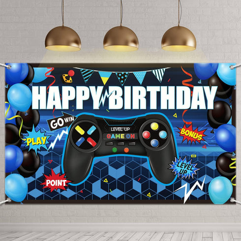 Blulu Video Game Happy Birthday Backdrop Game on Birthday Banner Level up Gaming Theme Party Background Photo Props for Party Wall Decorations Sup...