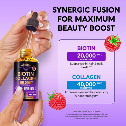 Liquid Biotin & Collagen - Vitamins for Hair Growth Support for Women & Men - Extra Strength 60000 mcg Drops - B7 Supplement - Strong Nails & Heal...