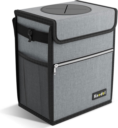 K KNODEL Car Trash Can with Lid, Leak-Proof Car Garbage Can with Storage Pockets, Waterproof Auto Garbage Bag Hanging for Headrest (Small, Gray)...