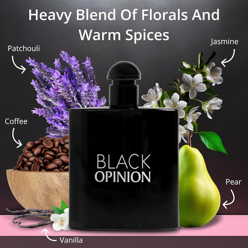 Black Opinion Eau De Parfum for Women Top Notes of Pear, Pink Pepper, Orange Blossom, Coffee, Jasmine, Bitter Almond & Licorice - Base of Vanilla,...
