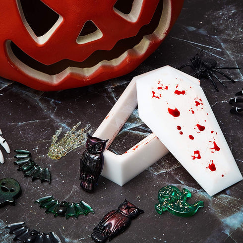 WILLBOND 6 Pieces Halloween Resin Coffin Molds Include Coffin Box Bat Silicone Owl Casting Skull Hands Ghost Shape Resin Mold Set for Halloween DI...