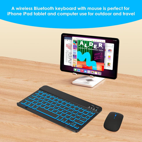 LAMA 7 Colors Backlit Universal Bluetooth Keyboard and Mouse, Ultra-Slim Rechargeable Wireless Keyboard and Mouse for iPad/iPad Mini/iPad Air iPad...
