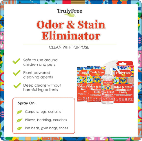 2-Pack TrulyFree Odor & Stain Eliminator - Odor and Stain Remover for Upholstery, Dog Pee, etc - Includes: Empty refillable 16oz Spray Bottle, 2 R...