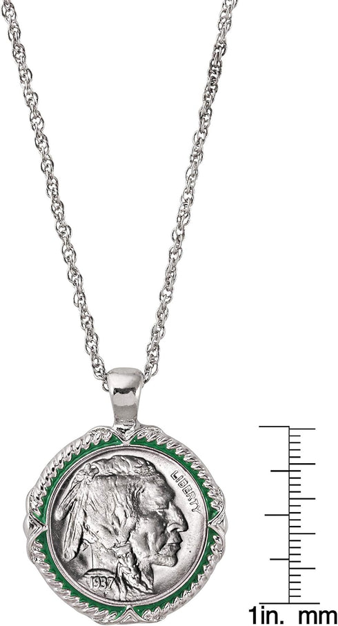 American Coin Treasures Buffalo Nickel Coin Pendant Necklace with Green Enamel | Silvertone 24" Rope Chain for Men & Women | Lobster Claw Clasp | ...