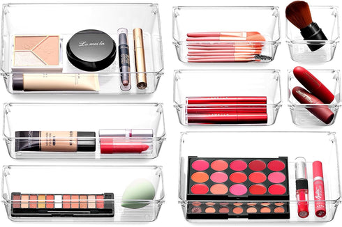 Masirs Clear Drawer Organizer - Easily Organize and Customize the Layout of Drawers. Great for Office Desk, Utensils, Cosmetics and Makeup. (8-Pie...