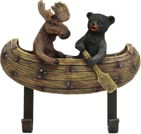 Ebros Whimsical Forest Creek Buddies Rustic Black Bear and Elk Moose Rowing Boat Canoe 2 Pegs Wall Hooks 7" Wide Hanger Bears Deers Elks Wall Moun...