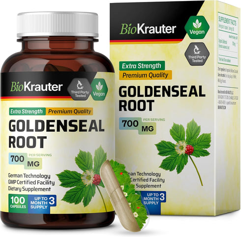 BIO KRAUTER Goldenseal Root Capsule 700 mg - 100 Golden Seal Powder Caps - Respiratory & Digestive Support - Vegan, No Fillers...