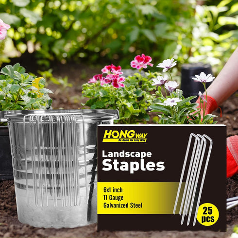 HongWay 6 Inch 25pcs Landscape Staples, 11 Gauge Galvanized Garden Stakes and U-Shaped Pins for Landscaping Fabric Weed Barrier Irrigation Tubing...