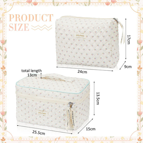 2 Pcs Cotton Quilted Makeup Bag, Large Travel Coquette Cosmetic Bag, Aesthetic Cute Floral Cherry Peony Toiletry Organizer skincare Bag for Women ...