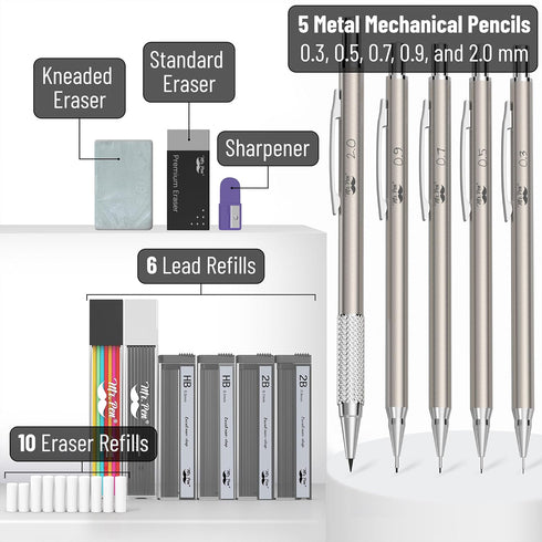Mr. Pen- Metal Mechanical Pencil Set in Leather Case, 5 Sizes, 0.3, 0.5, 0.7, 0.9, 2mm, mechanical pencils, Sketching Pencils, Drafting Pencil, Me...