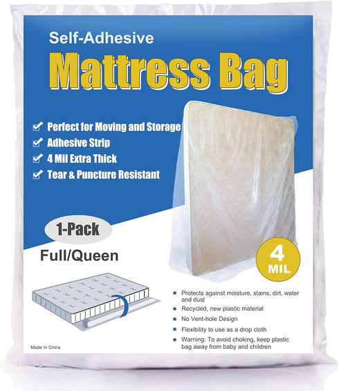ComfortHome 4 Mil Extra Thick Sealable Mattress Bag with Adhesive Strip for Moving and Storage, Heavy Duty, Fits Twin Full and Queen Size, 1-Pack...