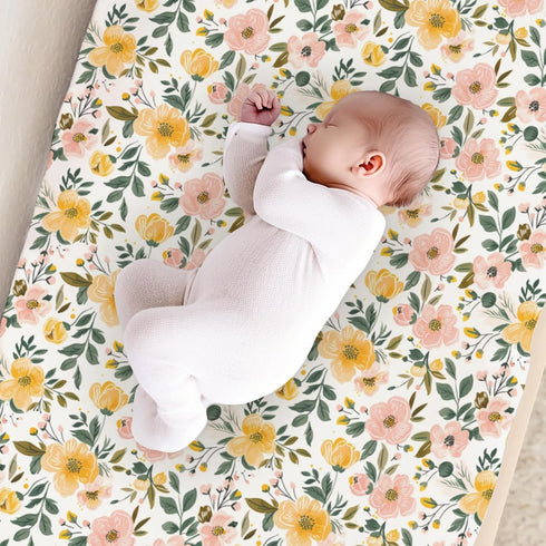 Flowers Changing Pad Cover, Flowers Leaves Prints Baby Nursery Diaper Changing Table Pad Cover, Unisex Flowers Floral Pattern Diaper Changing Shee...