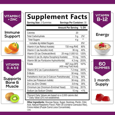 Multivitamin Gummies, Extra Strength Daily Multi Vitamin Gummy for Women & Men with Vitamins A, C, D, E, B6, B12, Zinc & Antioxidants Supplement f...