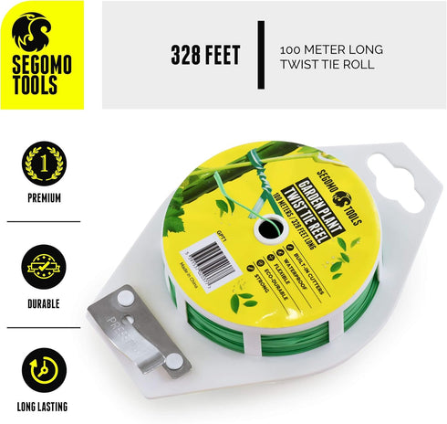 Segomo Tools 2 Pack 328 Feet (100 Meter) Long Garden Twist Tie Reel with Cutter - All-Purpose Plant Ties - Twist Ties for Plants - Garden Wire - P...