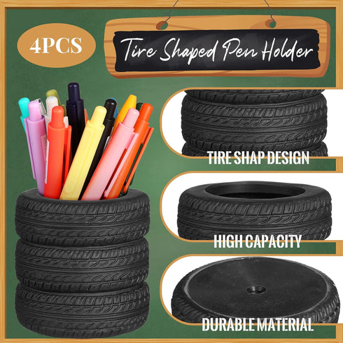 4 Pcs Tire Shaped Pen Holder Car Tire Pencil Holder Black Stack Stationery Accessories for Desk Kids School Office Decor Christmas Gift Supplies N...