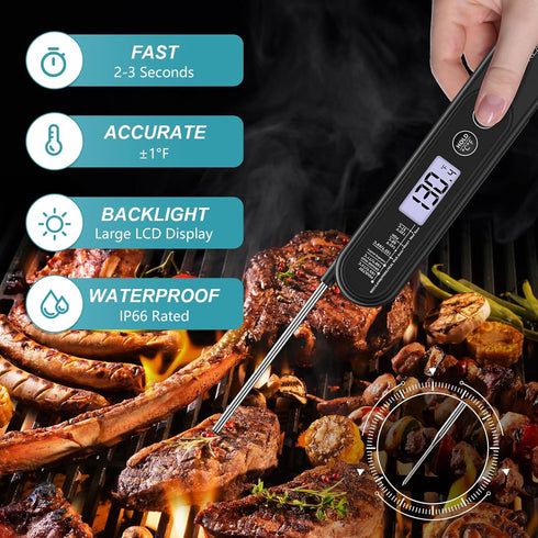 Ultrean Meat Thermometer Instant Read for Grill and Cooking, 3 Seconds Fast Precise Digital Food Thermometer with Backlight, Magnet, Foldable Prob...