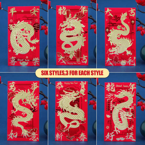 Red Envelopes Chinese New Year Dragon 2024, Lunar New Year of the Dragon Envelope Large Interoffice Envelopes Red Packet Hong Bao with 6 Different...