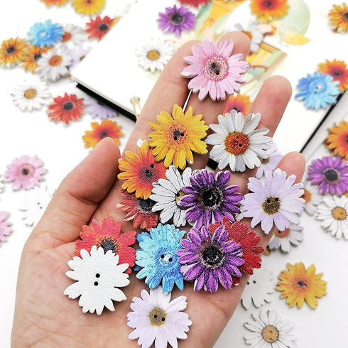 100Pcs Wood Daisy Buttons Painted Wooden Flower Buttons for Crafts Sunflower Wood Buttons 2 Holes Flatback Flower shaped Buttons...