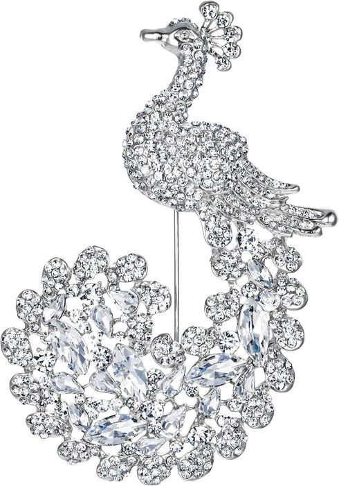 EVER FAITH Peacock Clear Austrian Crystal Bridal Brooch Pendant Silver-Tone...