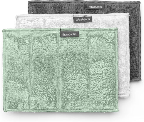 Brabantia x3 Microfiber Cleaning Pads (Dark Gray, Light Gray, Jade Green) Absorbent Spongy Hygenic Pads for Kitchen Washing, Drying, Counters, Mir...