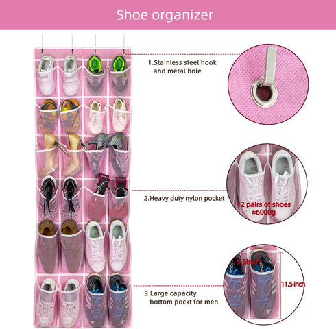 Hanging Shoe Organizer, Over The Door Shoe Organizer with 24 Breathable Mesh Pockets for Men Women Kids Hanging Shoe Storage Rack Organizer Size:5...