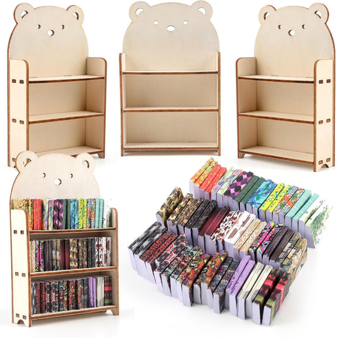 64Pcs Mini Bookcase Toy Book Shelf Wood Doll House FurnitureModel Library Decor Four Floors Storage Shelves Pretend Play 1:12 Accessories scene Ha...