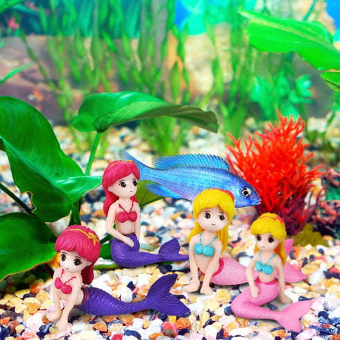 Mermaid Fish Tank Decor 4Pcs Lovely Cartoon Mermaid Figurines Aquarium Decorations Gifts Aquarium Desk Mermaid Thematic Ornaments...
