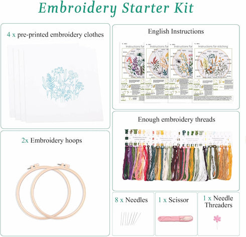 Harimau 4pcs Beginner Embroidery Kit,Flower Pattern,Cross Stitch Kits, Including Stamped Embroidery Cloth with 2 Embroidery Hoops, Multicolor Colo...