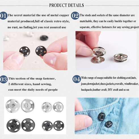 Fuman Forest 100 Sets Sew-on Snap Buttons Metal Snaps Fasteners Press Studs Buttons for Sewing, 8.5 mm,10 mm & 12mm,Black & Silver, (Fuman-034)...