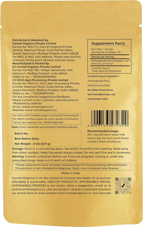 CARMEL ORGANICS Organic Ashwagandha Root Powder (8 Oz or 227g/0.5 Lbs) USDA Certified. Lab Tested, Non GMO & Gluten Free | Withania Somnifera from...
