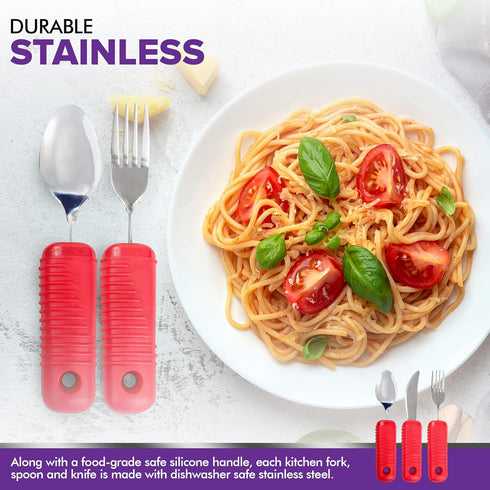 3 Piece Super Easy Grip Red Flatware Set - Bendable Built Up Large Fork, Knife, and Spoon - Red...